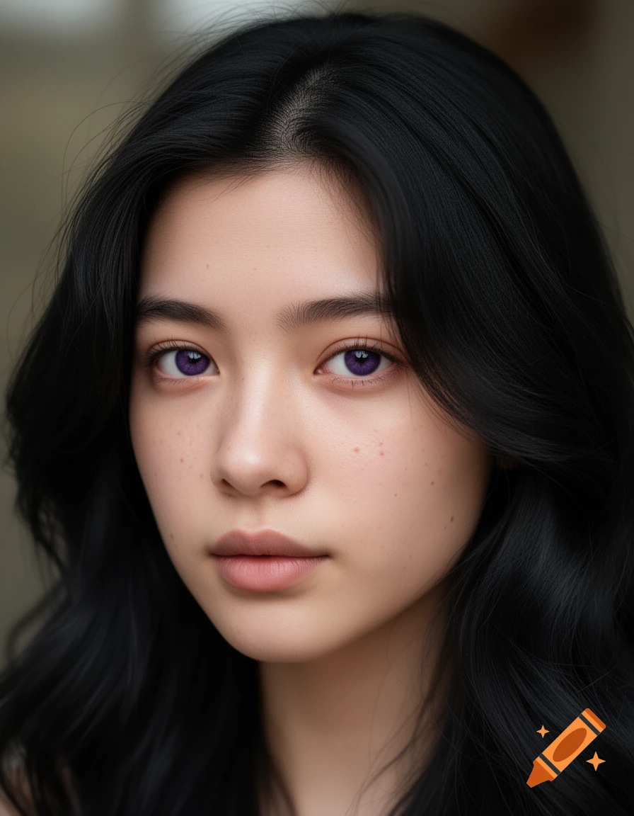 Close-up photorealistic portrait of a young woman with dark hair and striking violet eyes.