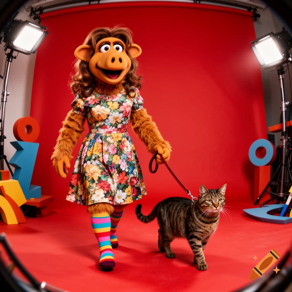 Alf, in a floral dress and striped socks, walks a tabby cat on a leash in a brightly lit red studio.