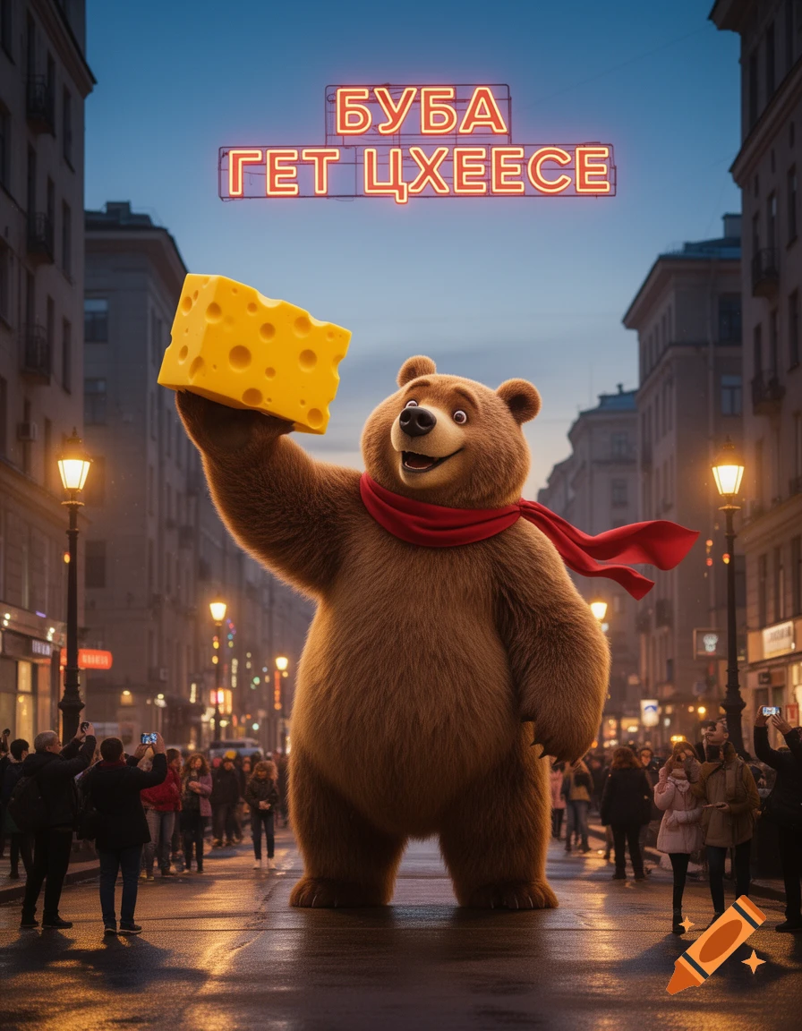 Giant cartoon bear in red scarf stands on a city street at dusk, holding a large swiss cheese block. Neon sign: 'БУБА ГЕТ ЦХЕЕСЕ'.