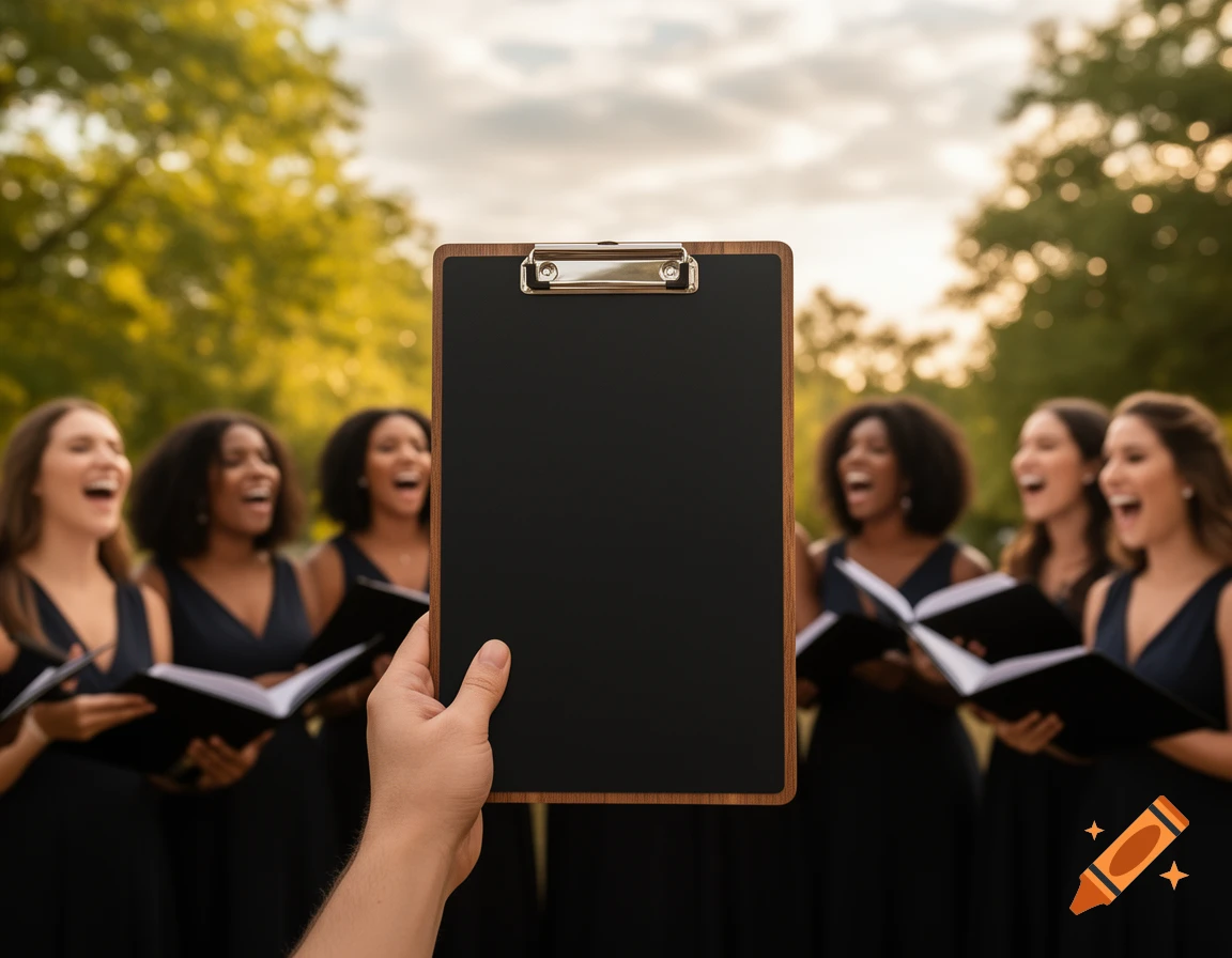 A hand holds a blank clipboard in the foreground, with a diverse choir of six women singing in the blurry outdoor background.