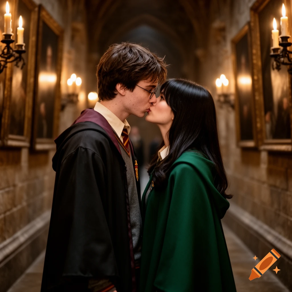 A young man and woman in wizard robes kiss in a dimly lit, grand stone hallway with portraits, resembling Hogwarts.