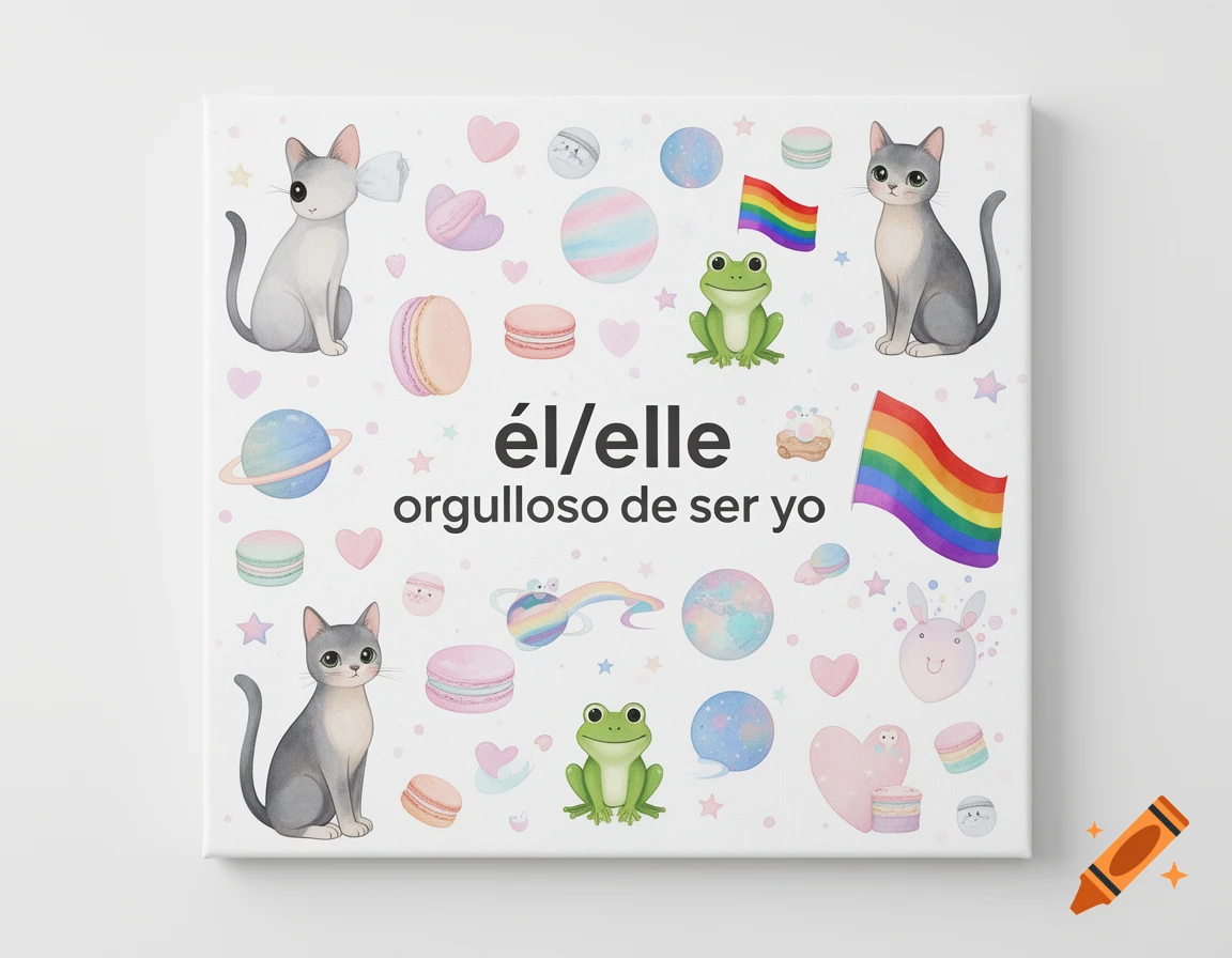 A pastel collage illustration featuring cats, frogs, planets, macarons, hearts, and LGBTQ+ flags, with Spanish text "él/elle orgulloso de ser yo" meaning "he/she proud to be me".