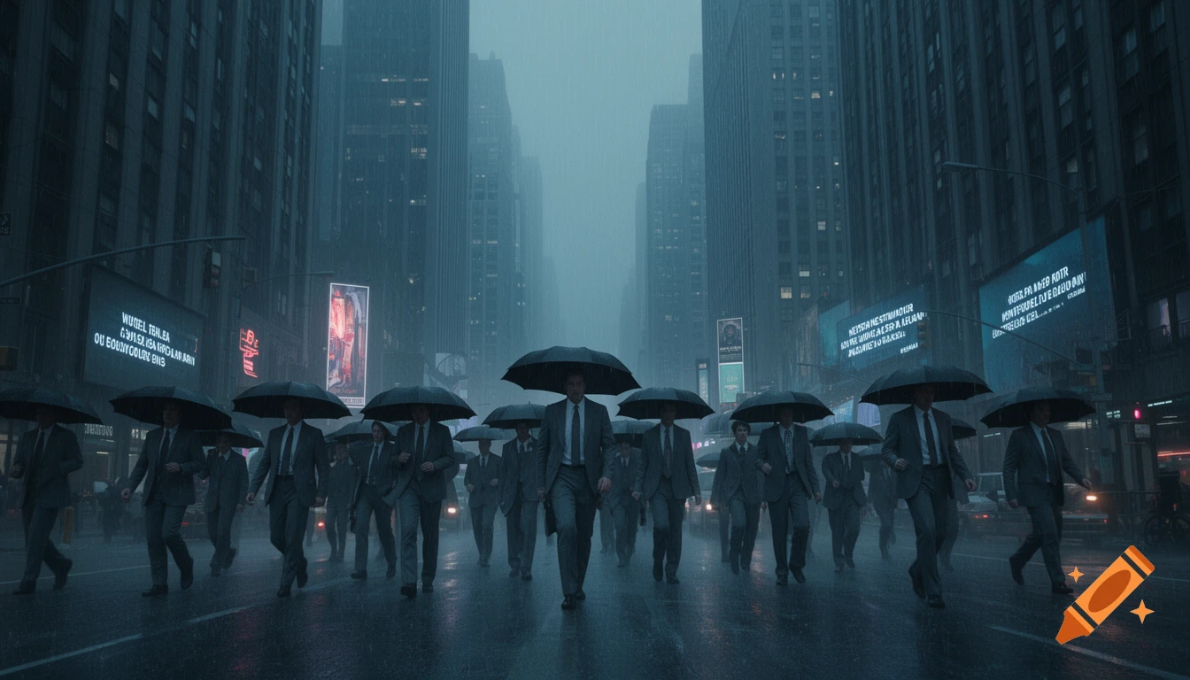 Men in suits with umbrellas walk down a rainy, dark city street lined with tall buildings and glowing billboards, creating a dystopian mood.