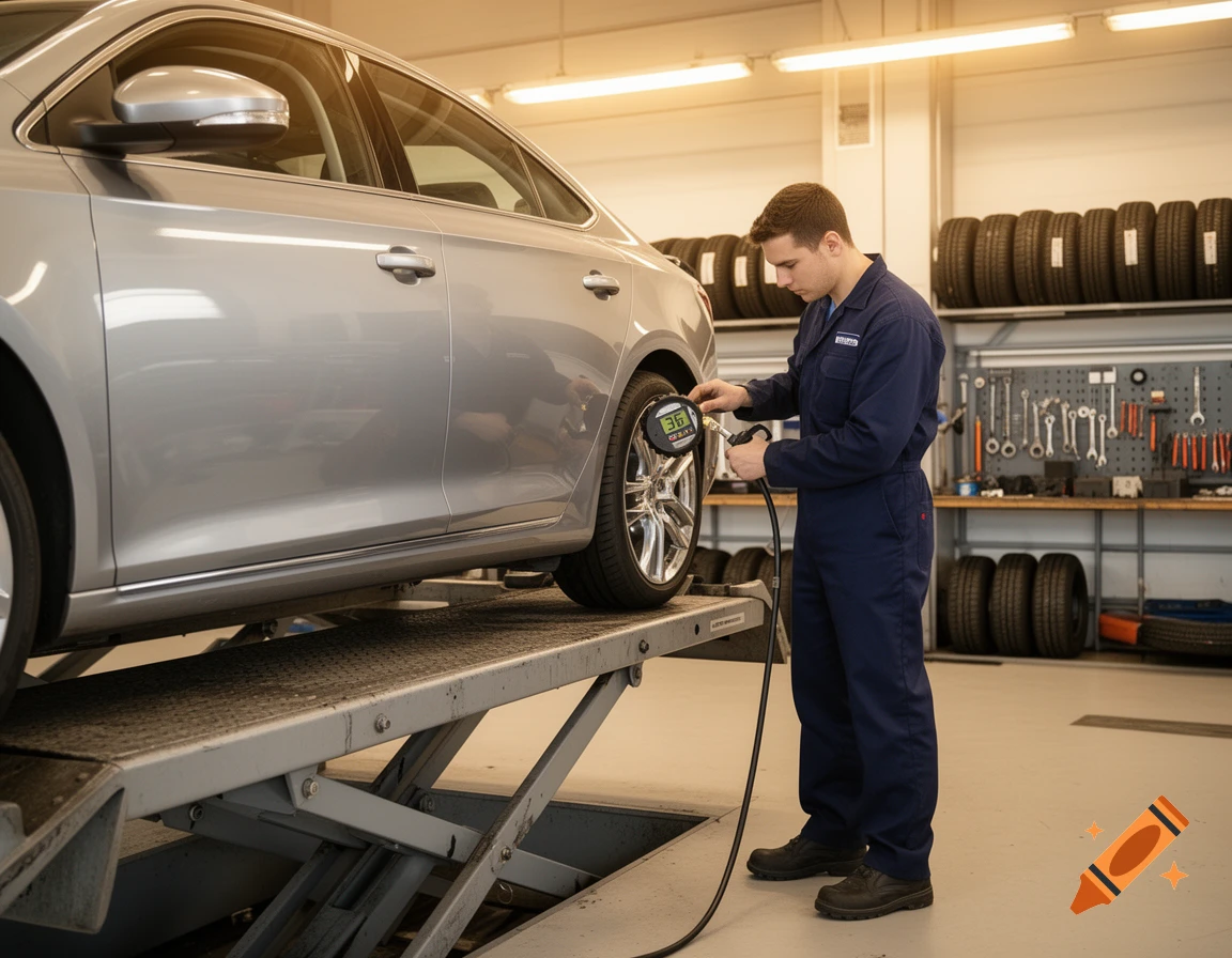 Male mechanic in blue uniform checks a silver car's tire pressure on a lift in a garage, with tools and tires visible.