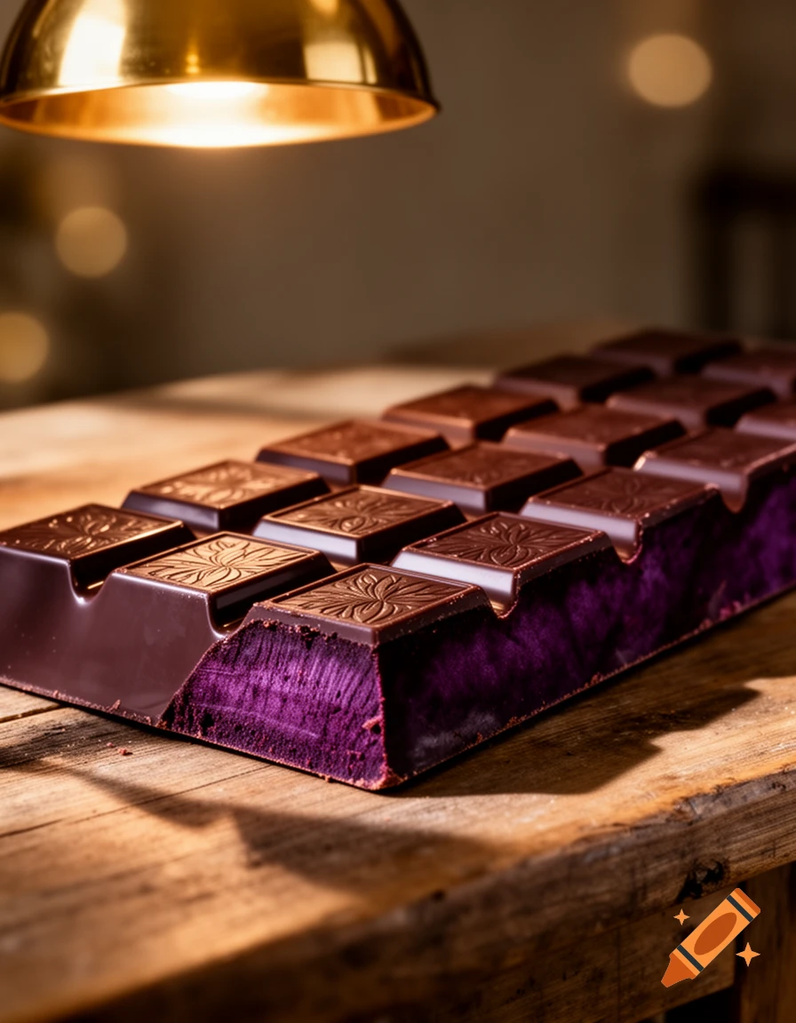 Photorealistic close-up of a dark chocolate bar with purple filling on a rustic wooden table, illuminated by a golden lamp.