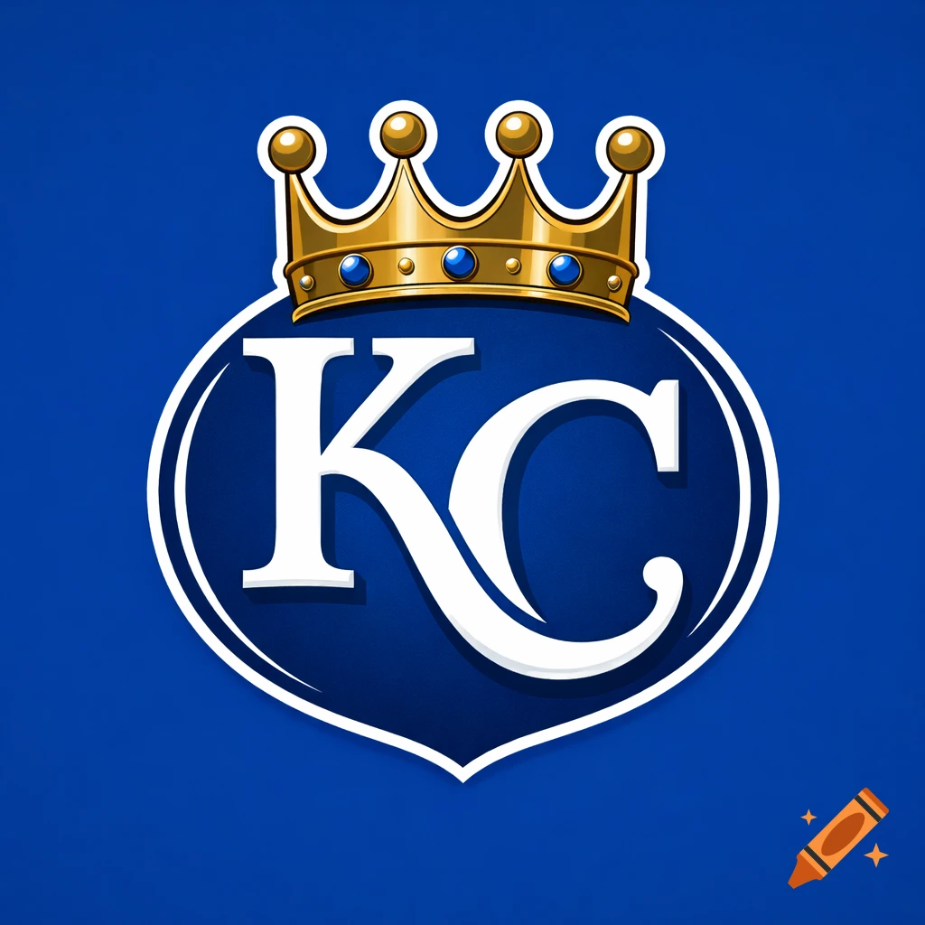 Kansas City Royals logo with a gold crown and 'KC' letters on a white shield, set against a blue background.