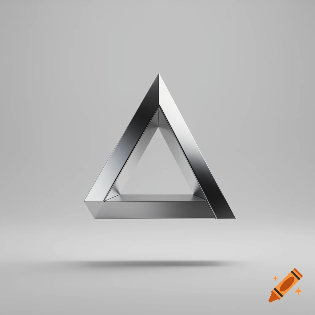 A metallic silver impossible triangle floats against a light grey background.
