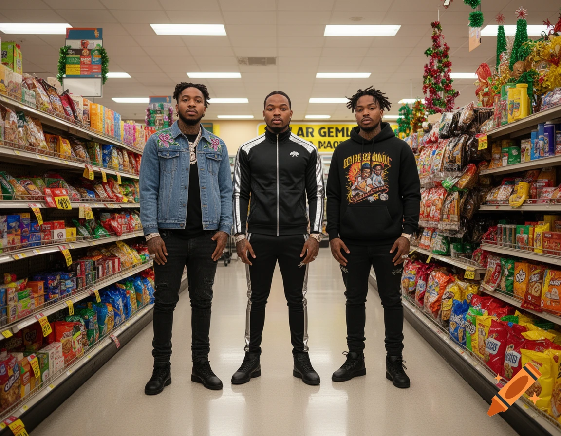 Three men stand side-by-side in a brightly lit supermarket aisle filled with snacks and groceries, featuring holiday decorations.