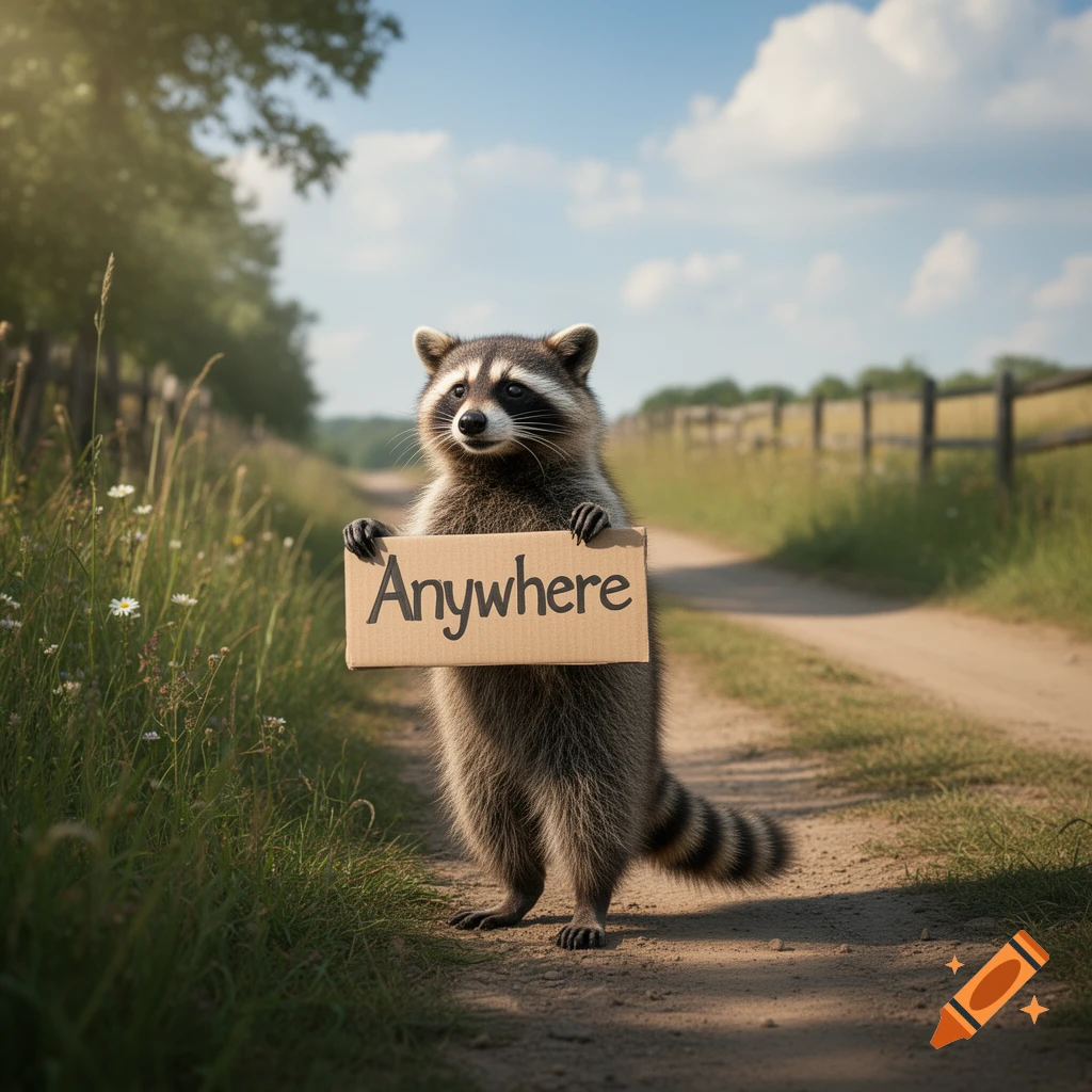 A photorealistic raccoon stands on a dirt road, holding a cardboard sign that reads "Anywhere".