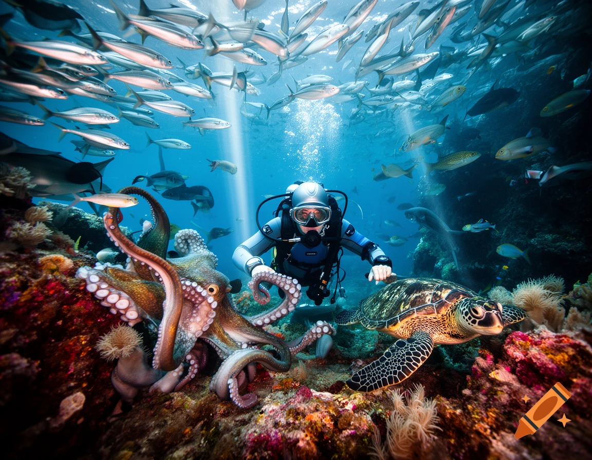 Photorealistic underwater scene with a scuba diver, octopus, sea turtle, and fish over a colorful coral reef.