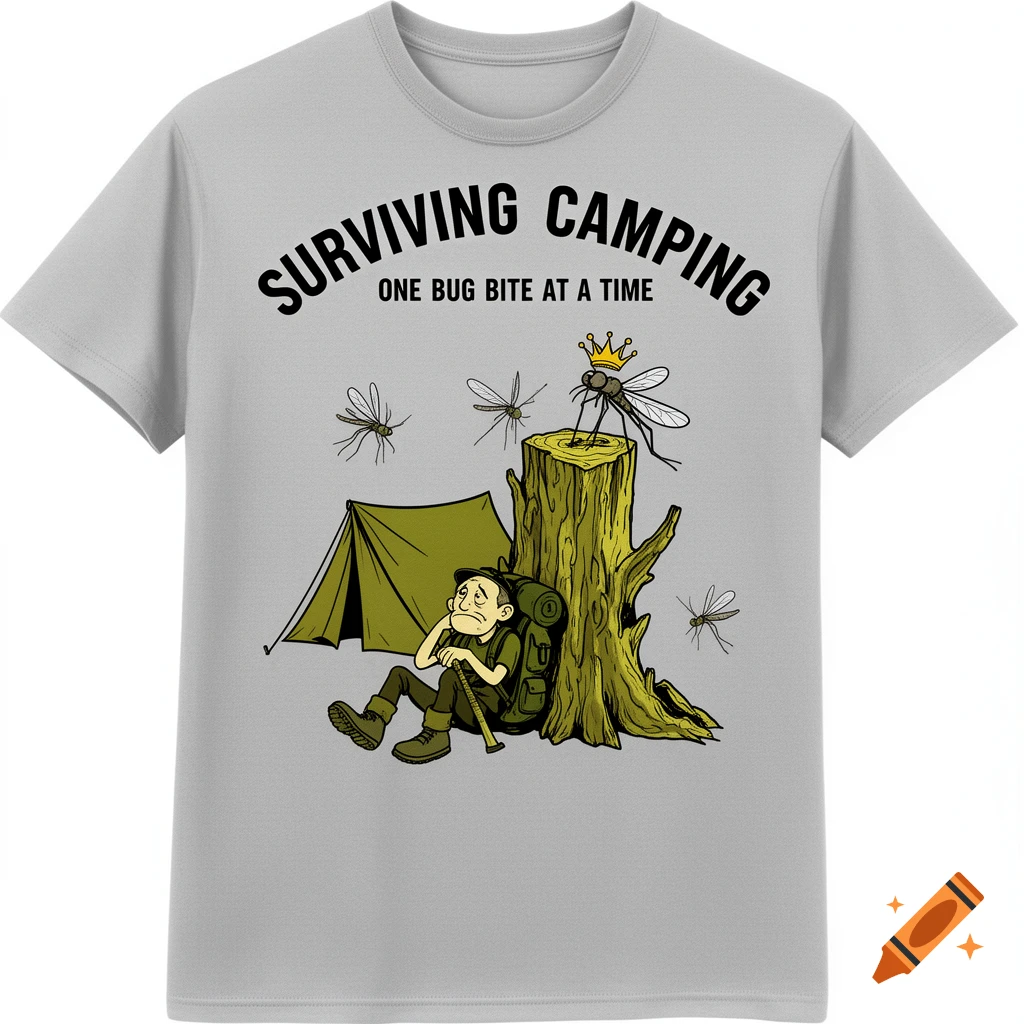A grey t-shirt with a cartoon of an exhausted hiker slumped by a tent and tree stump, surrounded by mosquitoes, one wearing a crown. Text says "SURVIVING CAMPING ONE BUG BITE AT A TIME."