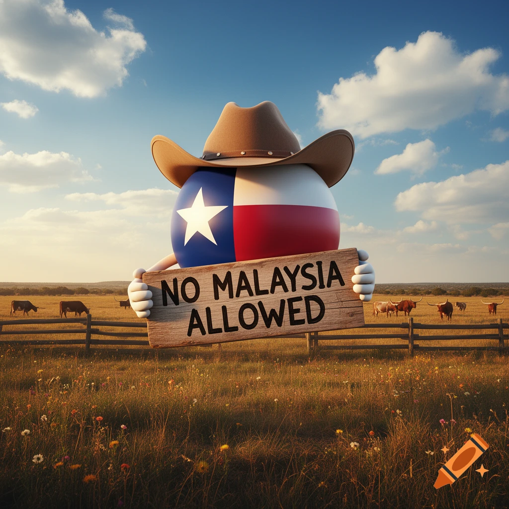 A photorealistic Texas countryball wearing a cowboy hat holds a wooden sign saying "NO MALAYSIA ALLOWED" in a field with longhorn cattle.