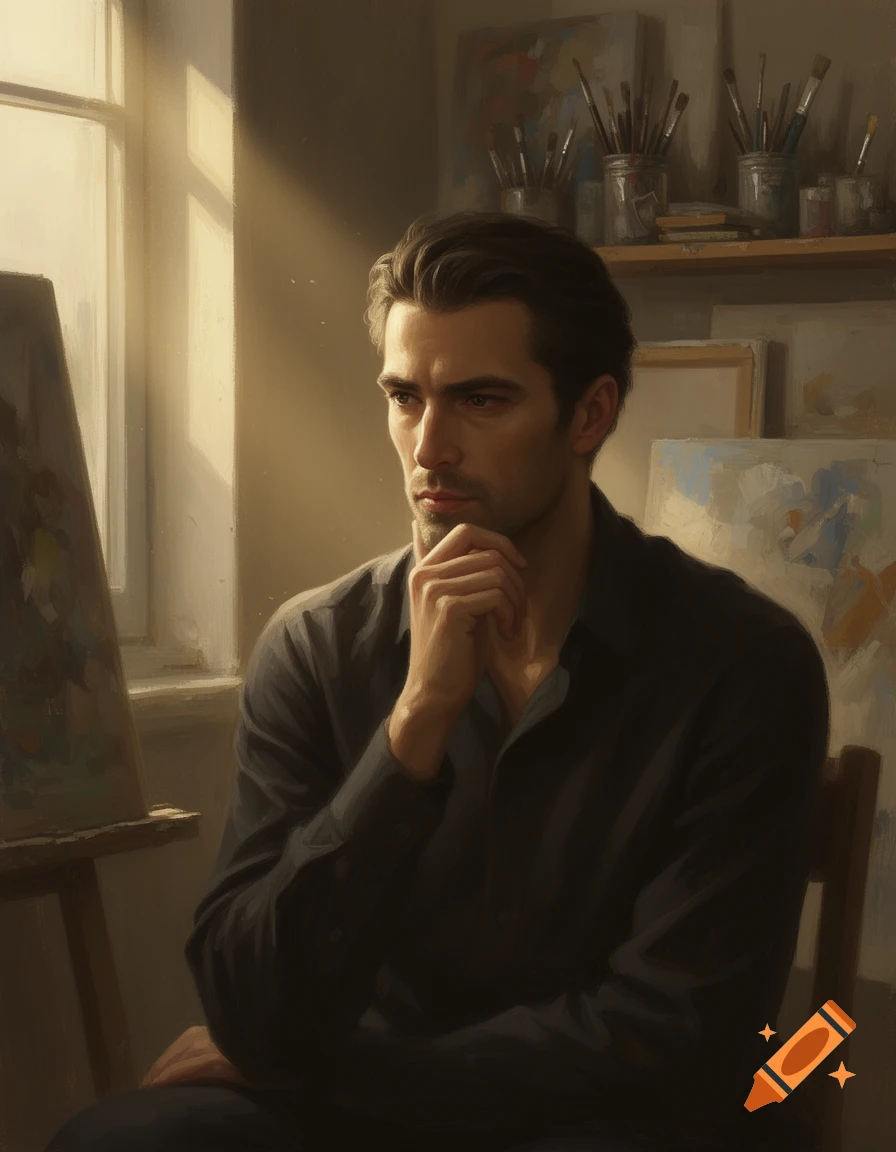 A thoughtful man sits in an art studio, hand on chin, sunlight through a window. Realistic painting.