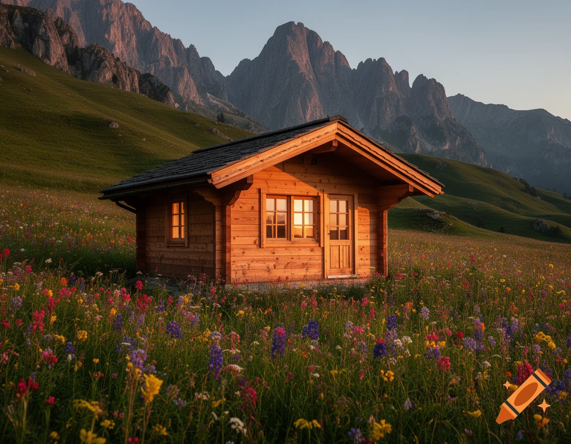 A wooden cabin in a vibrant wildflower meadow with majestic mountains in the background, bathed in golden hour light.