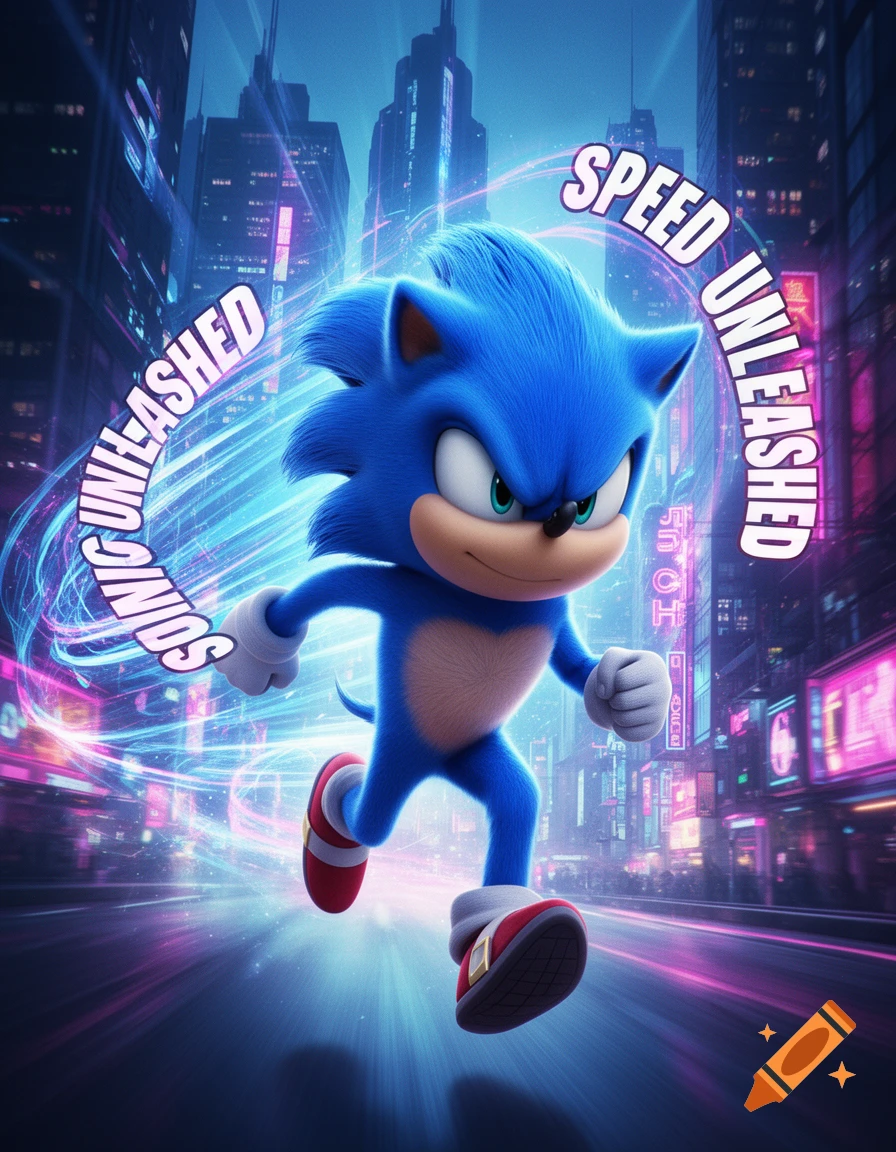 Sonic the Hedgehog runs through a neon-lit futuristic city with speed trails, text says 'SPEED UNLEASHED' and 'SONIC UNLEASHED'.