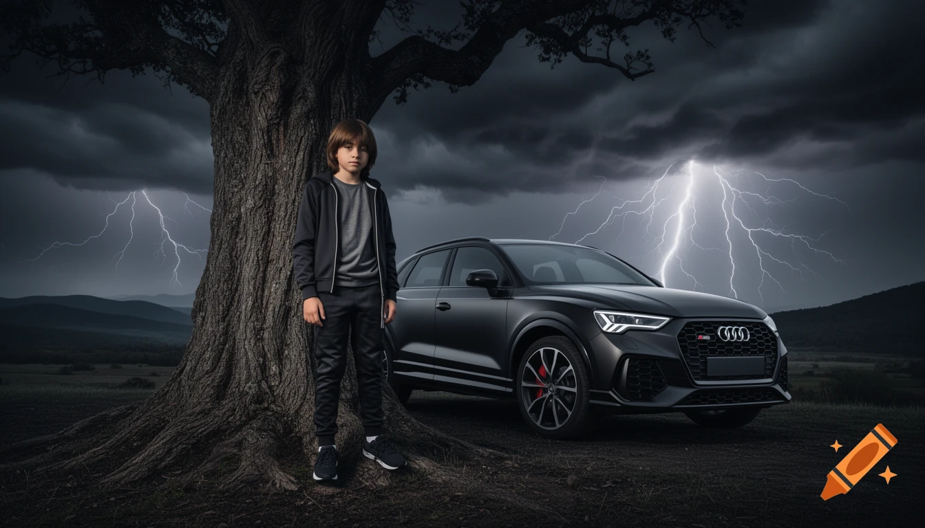 A boy in a black tracksuit stands by a large tree next to a matte black Audi RS Q3 under a stormy sky with bright lightning, photorealistic.