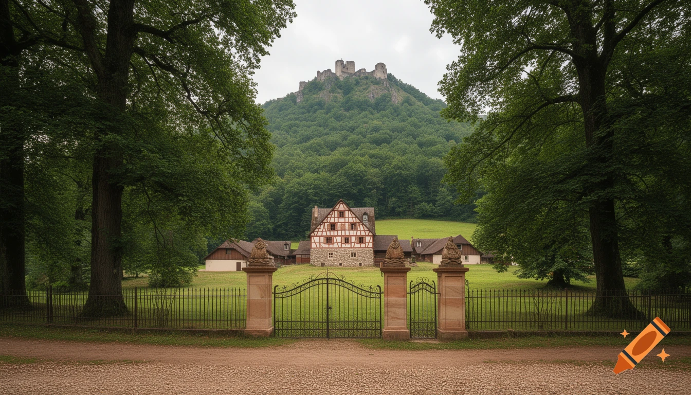 A scenic view of a half-timbered farmhouse and buildings, framed by trees, with a castle ruin on a forested mountain, seen through a wrought-iron gate.