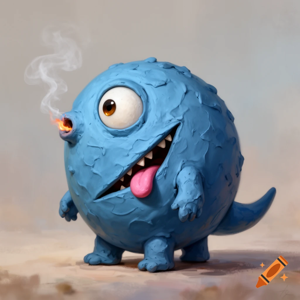 A blue, circular, clay-like monster with one large eye, a wide toothy grin, a pink tongue, and smoke emitting from its nose. It has stubby limbs and a pointy tail, standing on a simple background.