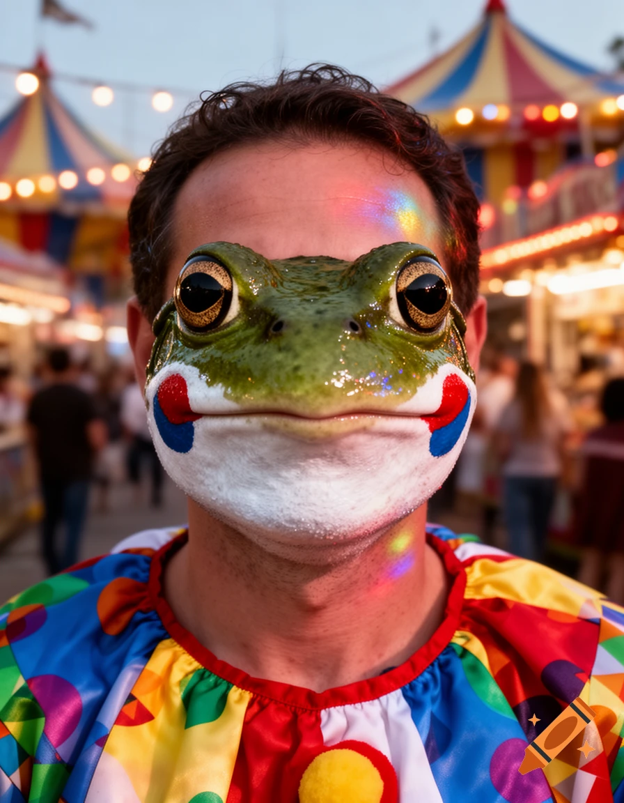 A man with a frog-like face painted with clown makeup, wearing a colorful polka dot clown costume, stands at a brightly lit carnival.