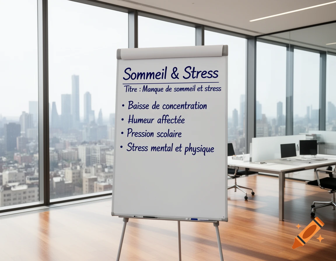 A whiteboard in a modern office, presenting 'Sommeil & Stress' (Sleep & Stress) with bullet points, against a city view.