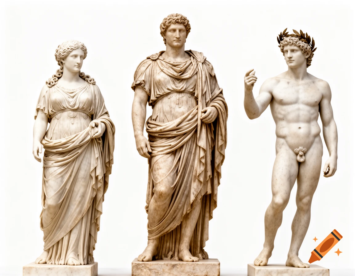 Three classical Roman marble statues: a draped woman, a draped man, and a nude man with a laurel wreath.