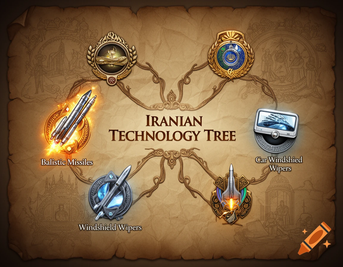 A game-style technology tree on a parchment map titled 'Iranian Technology Tree,' showing icons for 'Ballistic Missiles' and 'Windshield Wipers.'