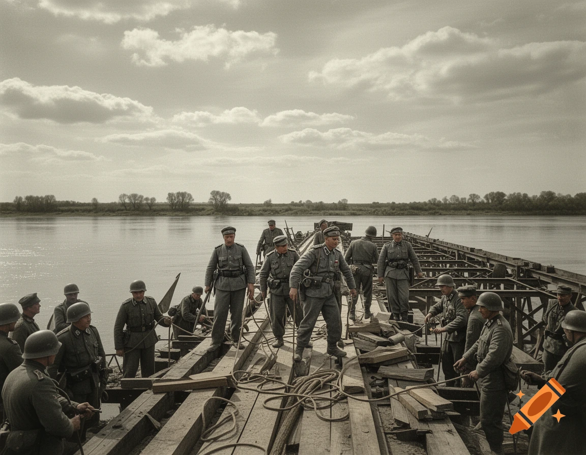 German combat engineers constructing a bridge over a river under a cloudy sky in a sepia-toned historical photograph.
