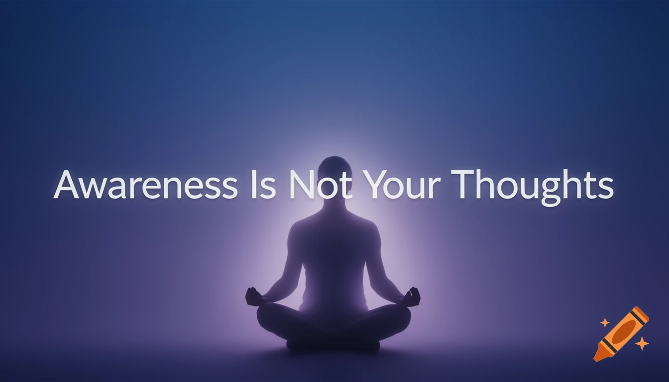 Silhouette of a person meditating in lotus position against a glowing blue-purple background with the text 'Awareness Is Not Your Thoughts'.