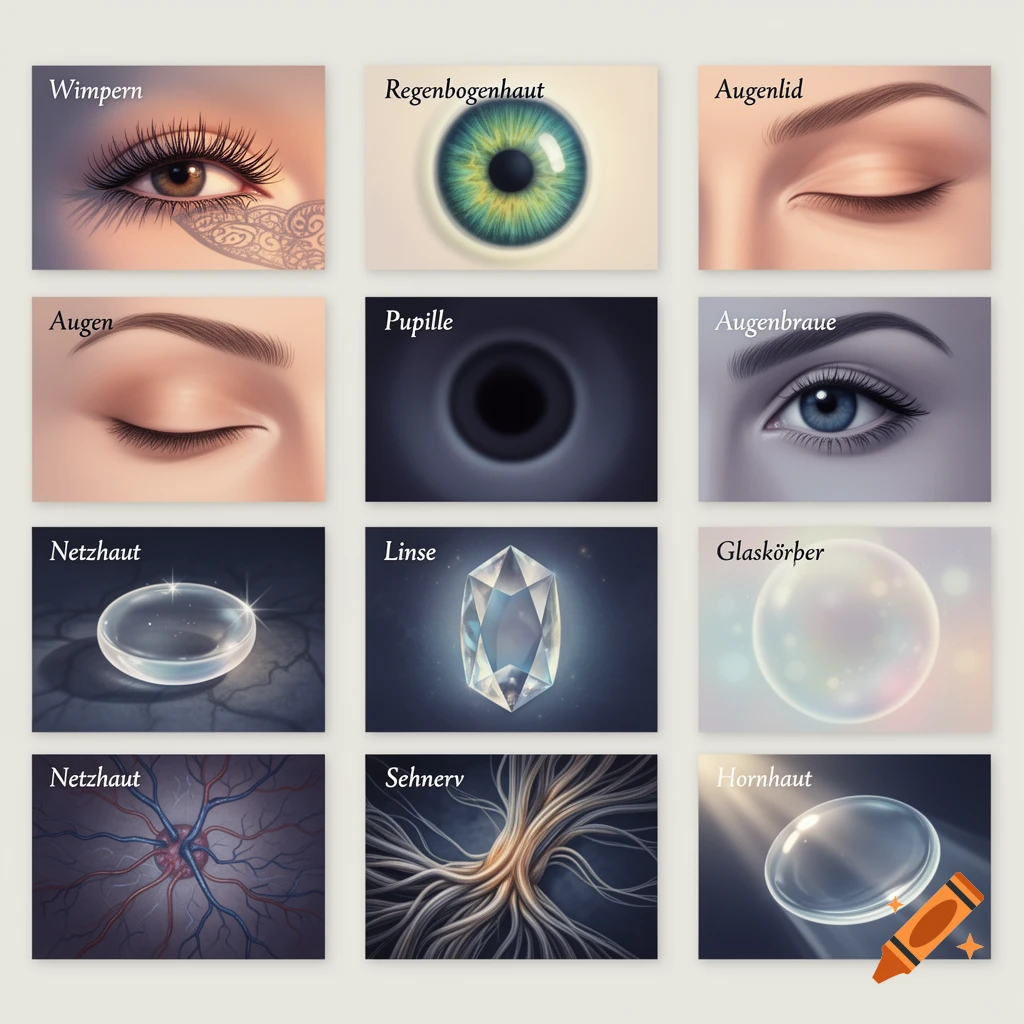 A grid of 12 illustrated cards showing different parts of the human eye, each with a German label.