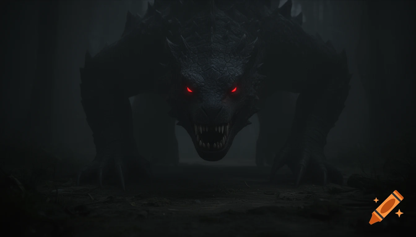 Dark, close-up of a fearsome dragon-like creature with glowing red eyes and sharp teeth in a foggy forest.