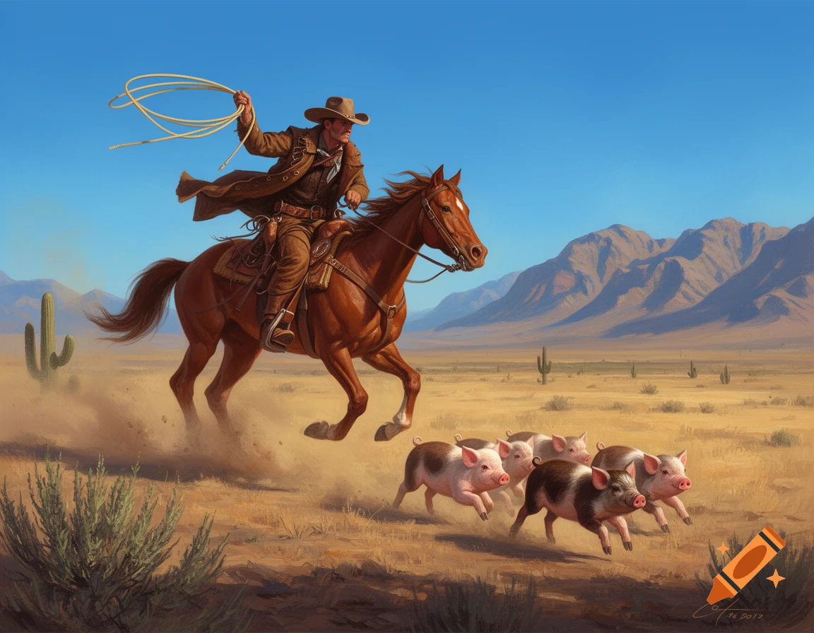 A painting of a cowboy on a galloping horse, using a lasso to chase a group of small pigs across a dusty desert landscape with mountains and cacti.
