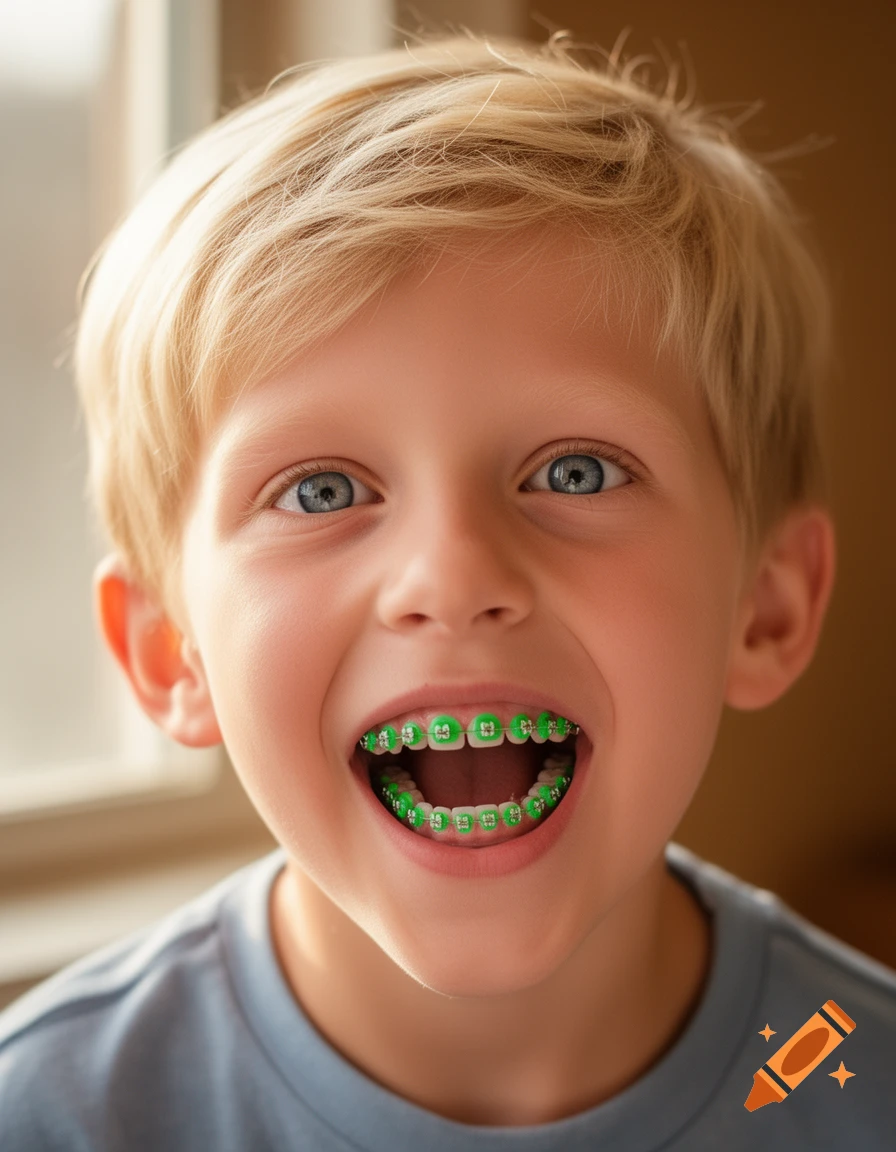 Photorealistic portrait of a young blond boy smiling with green braces.