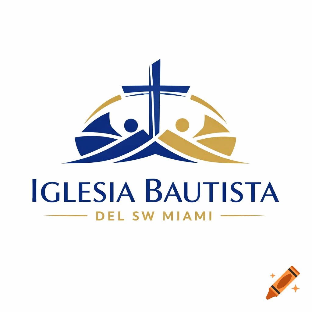 Logo for Iglesia Bautista del SW Miami featuring a blue cross above abstract figures in blue and gold on a white background.