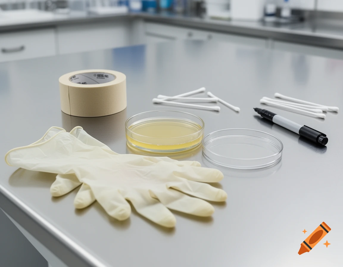 A close-up shot of laboratory equipment including gloves, petri dishes, masking tape, cotton swabs, and a marker on a stainless steel counter.