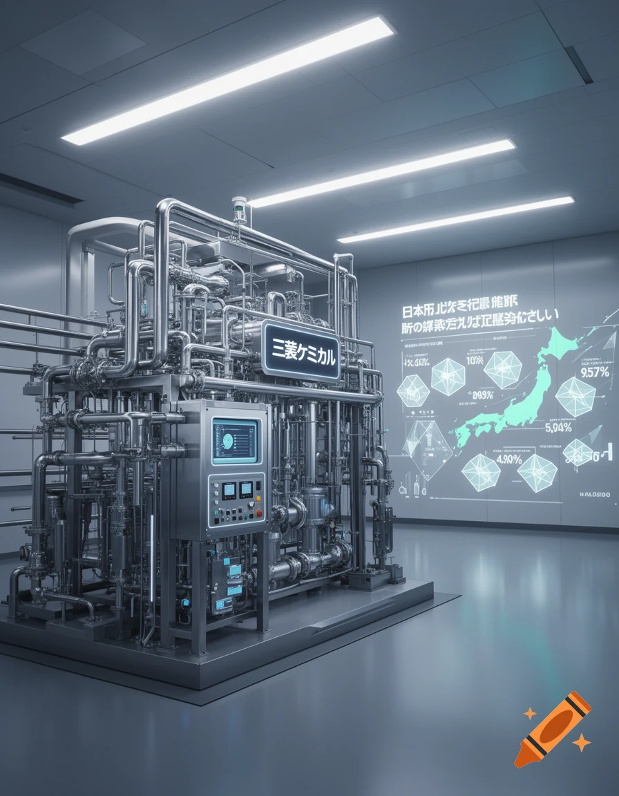 A modern, sterile industrial facility with complex stainless steel chemical processing machinery, a screen displaying "Mitsubishi Chemical", and a large holographic map of Japan with data on a wall.