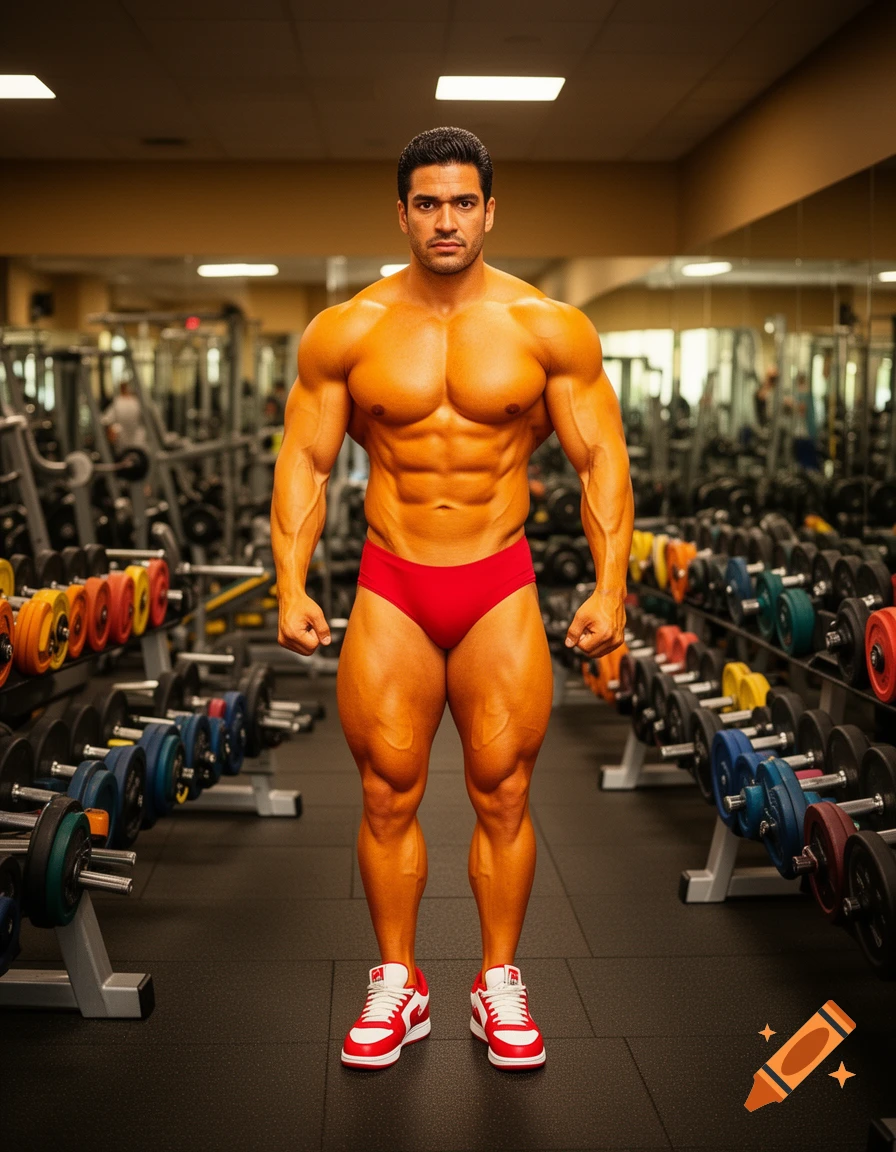 A muscular male bodybuilder in red briefs and white-red sneakers poses confidently amidst dumbbells in a gym, photorealistic style.