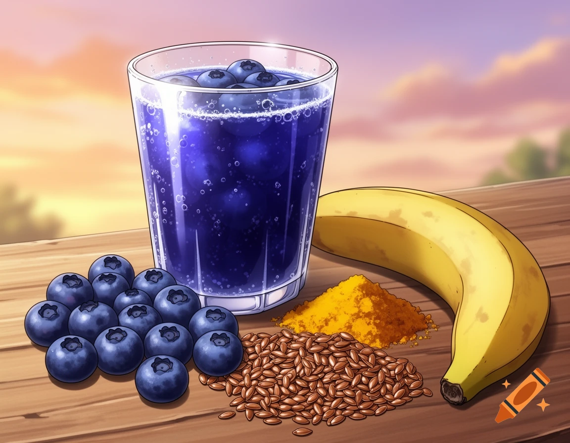 An anime illustration of a blueberry drink, fresh blueberries, flaxseed, turmeric, and a banana on a wooden table.