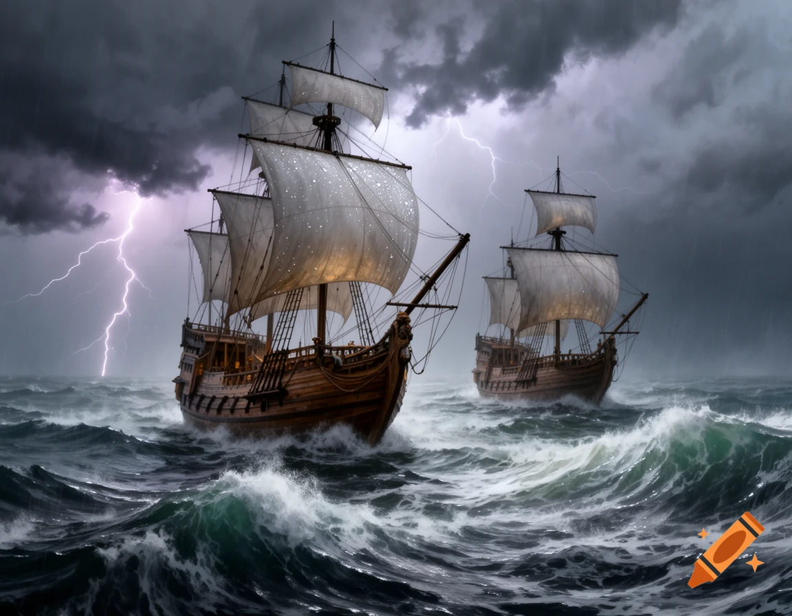 Two majestic caravels sail through a rough, stormy sea with lightning flashing in the dark sky.