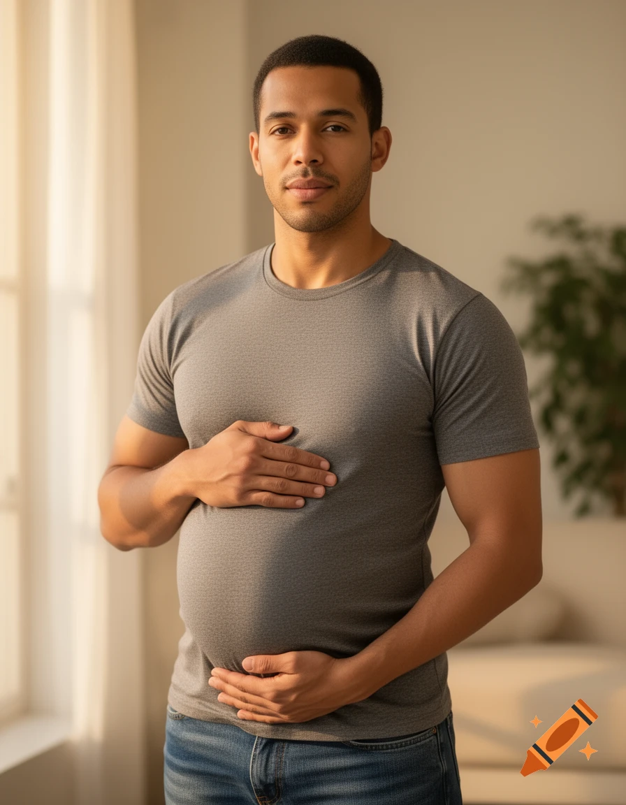 A photorealistic portrait of a man in a gray t-shirt and jeans, holding his pregnant belly, looking directly at the viewer.