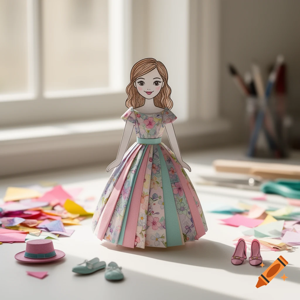 A smiling paper doll in a colorful floral dress stands on a table with crafting supplies and a bright window in the background.