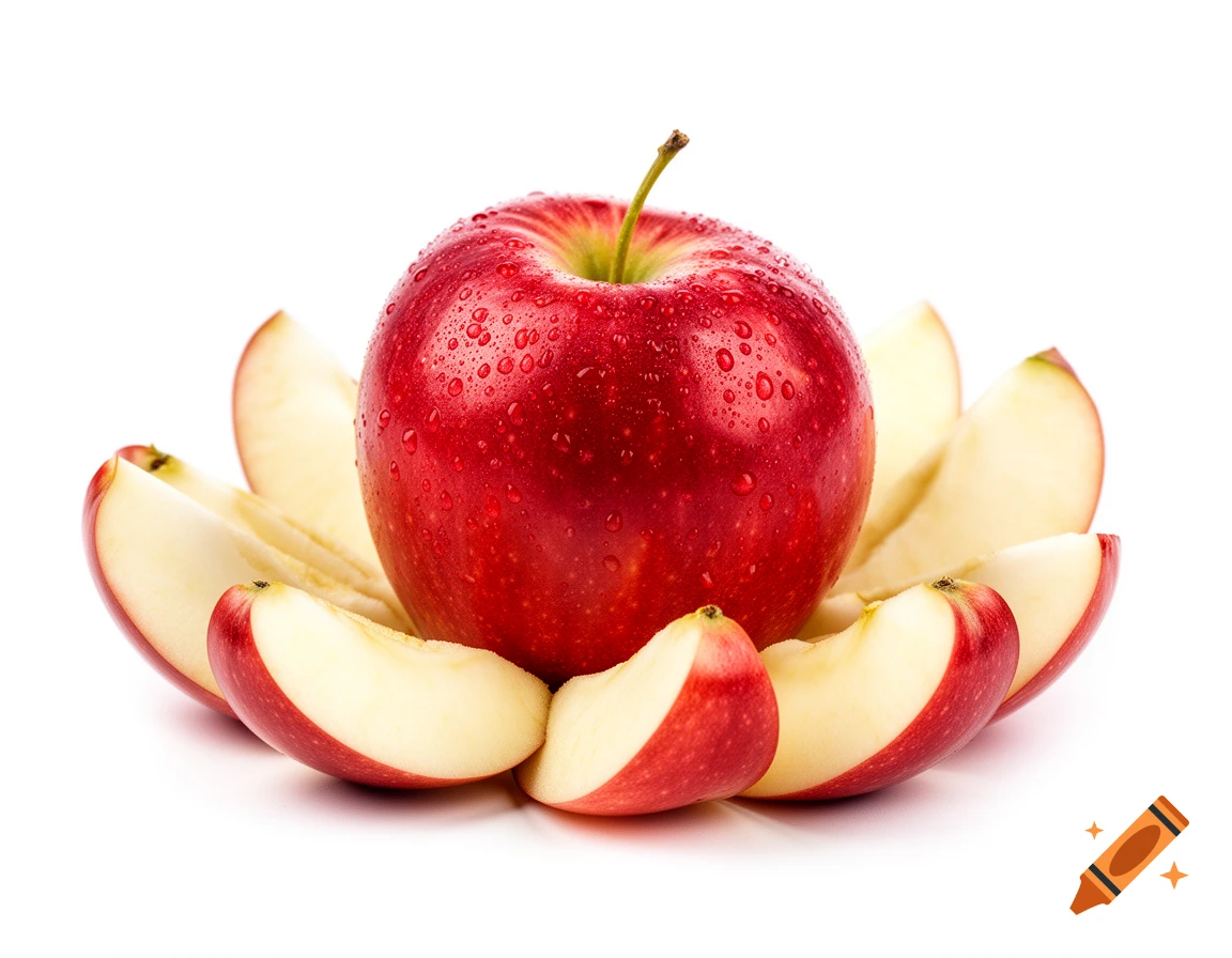 Vibrant red apple with water droplets, surrounded by fresh apple slices, on a white background. Photorealistic.