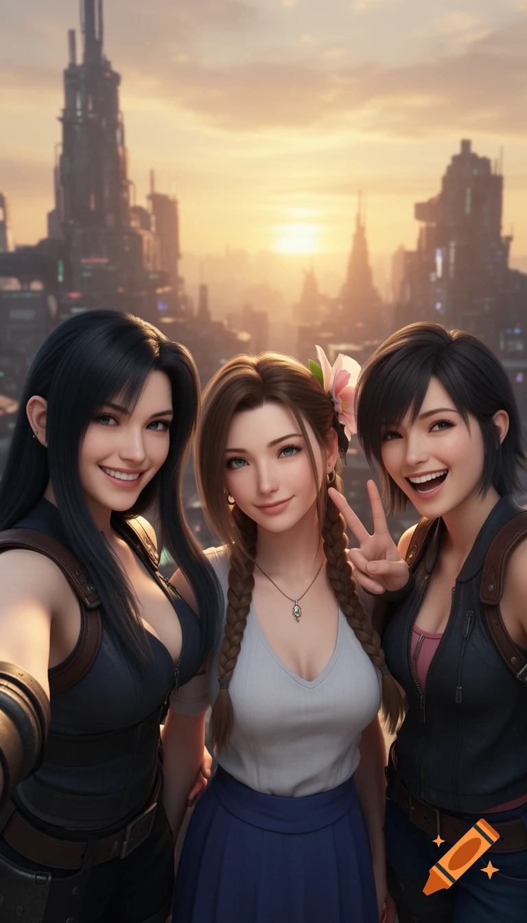 Tifa, Aerith, and Yuffie from Final Fantasy VII Rebirth pose for a selfie in an anime style against a sunset city background.