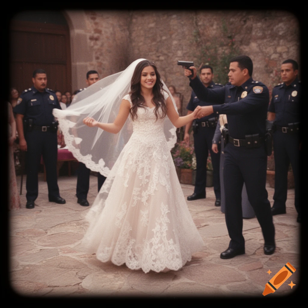 A smiling bride in a white gown dances with a police officer holding a gun at an outdoor wedding.