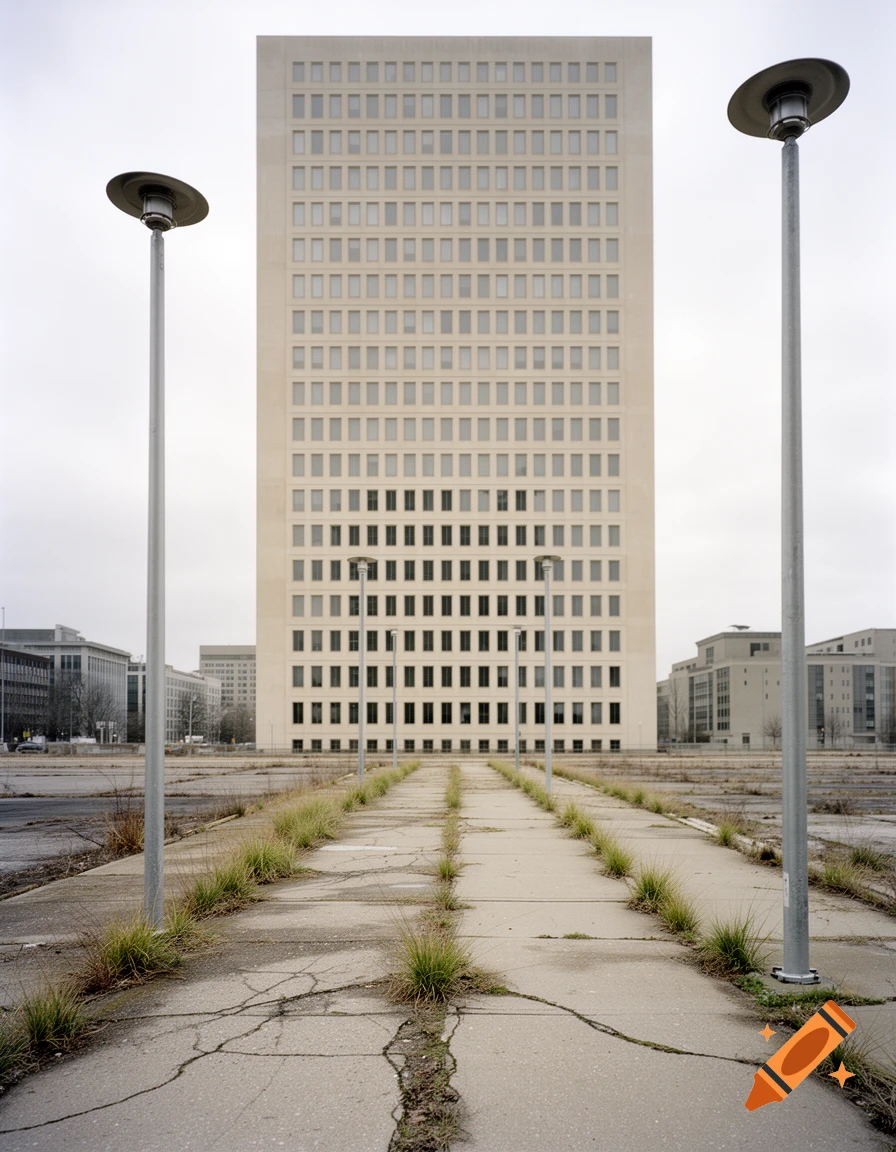 A photorealistic image of a tall, modern building seen from a cracked concrete path lined with grass, framed by two lamp posts.