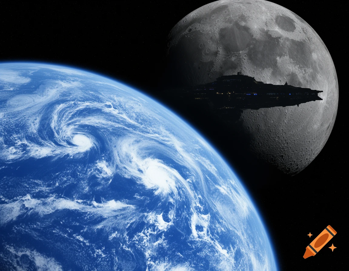 Photorealistic view of Earth's clouds in the foreground, with the Moon behind it, partially obscuring a large, dark alien spaceship.