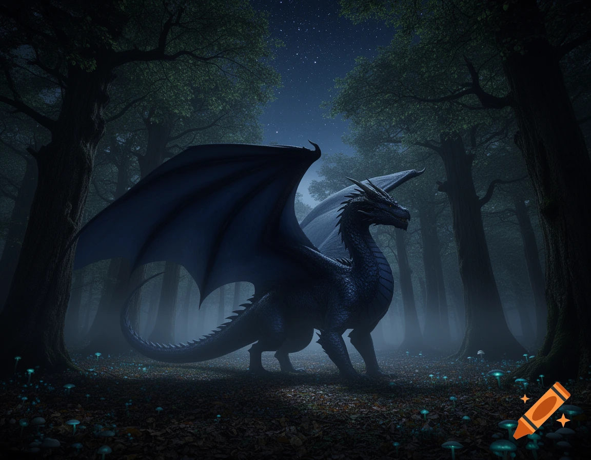 A dark blue dragon with large wings stands in a misty, moonlit forest, surrounded by glowing teal mushrooms.