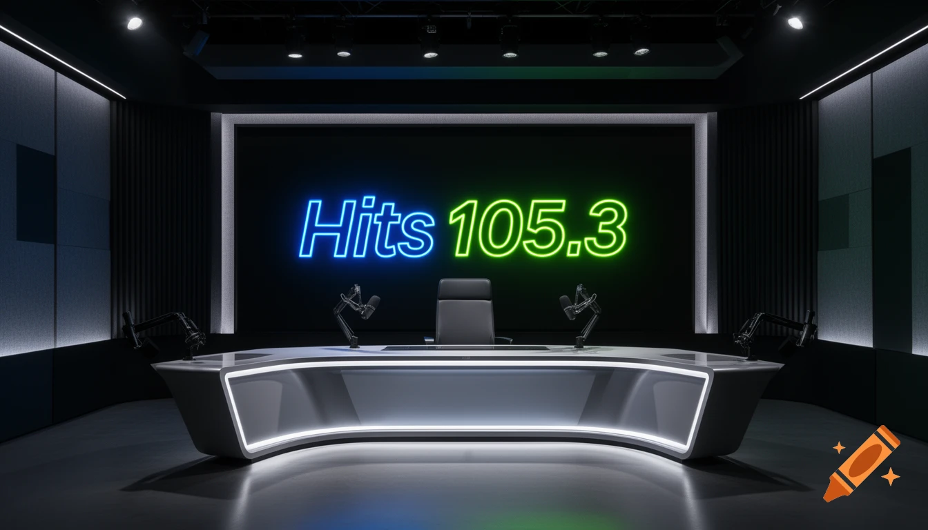 A modern, dark radio studio with a grey desk, two microphones, and a neon sign displaying 'Hits 105.3' on a large screen.