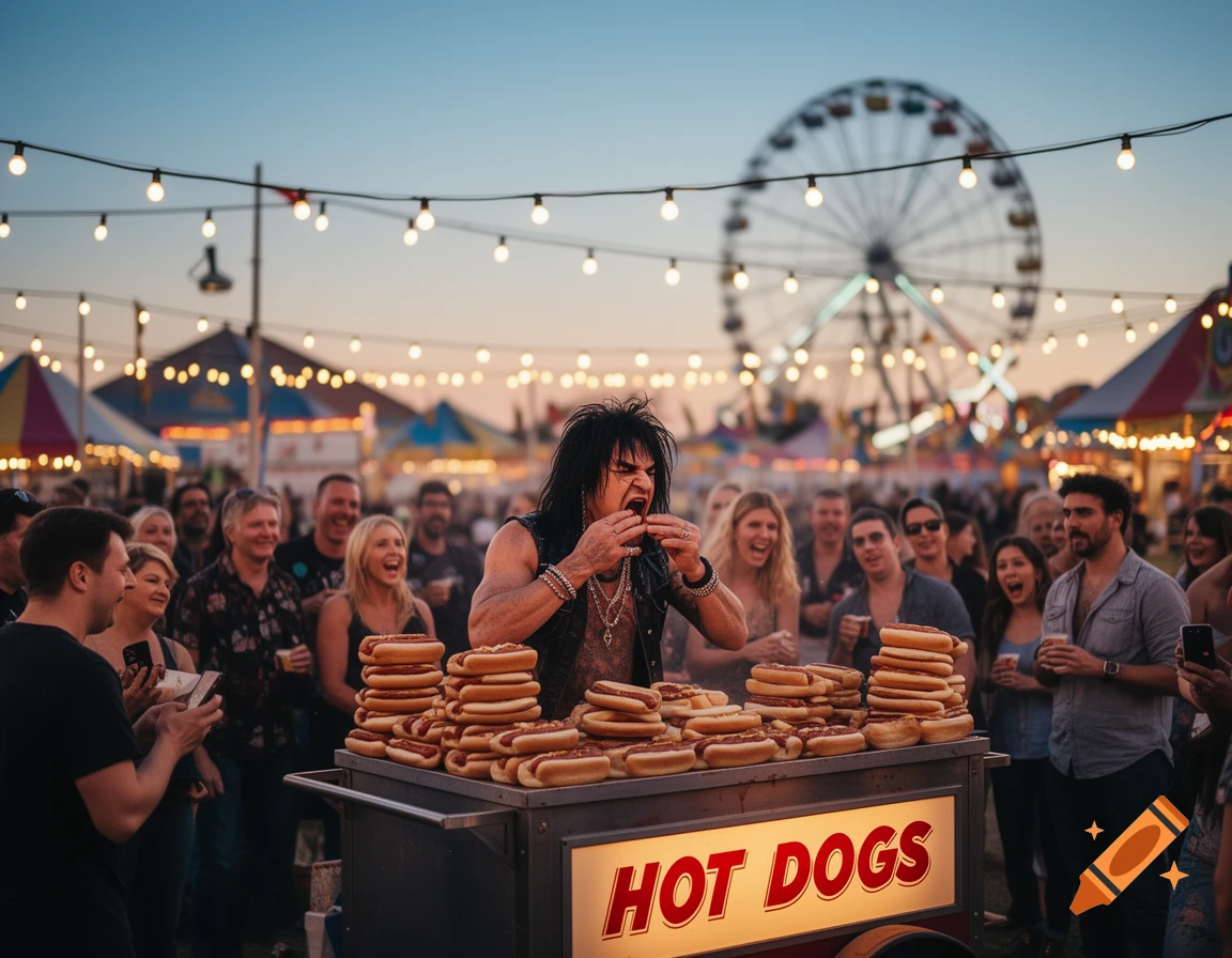 A person with spiked hair and makeup eating a hot dog from a cart labeled 'HOT DOGS' at a crowded fair with a Ferris wheel at dusk.