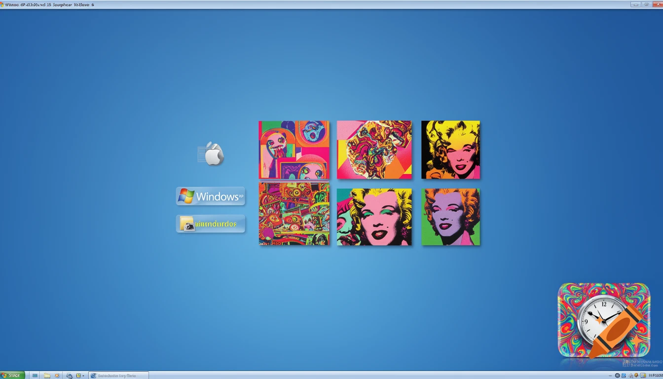 A Windows XP desktop screenshot stylized by Andy Warhol and Steve Jobs, featuring a blue background, a taskbar, and several pop art-style icons including Marilyn Monroe portraits and abstract designs. Text elements are partially garbled.