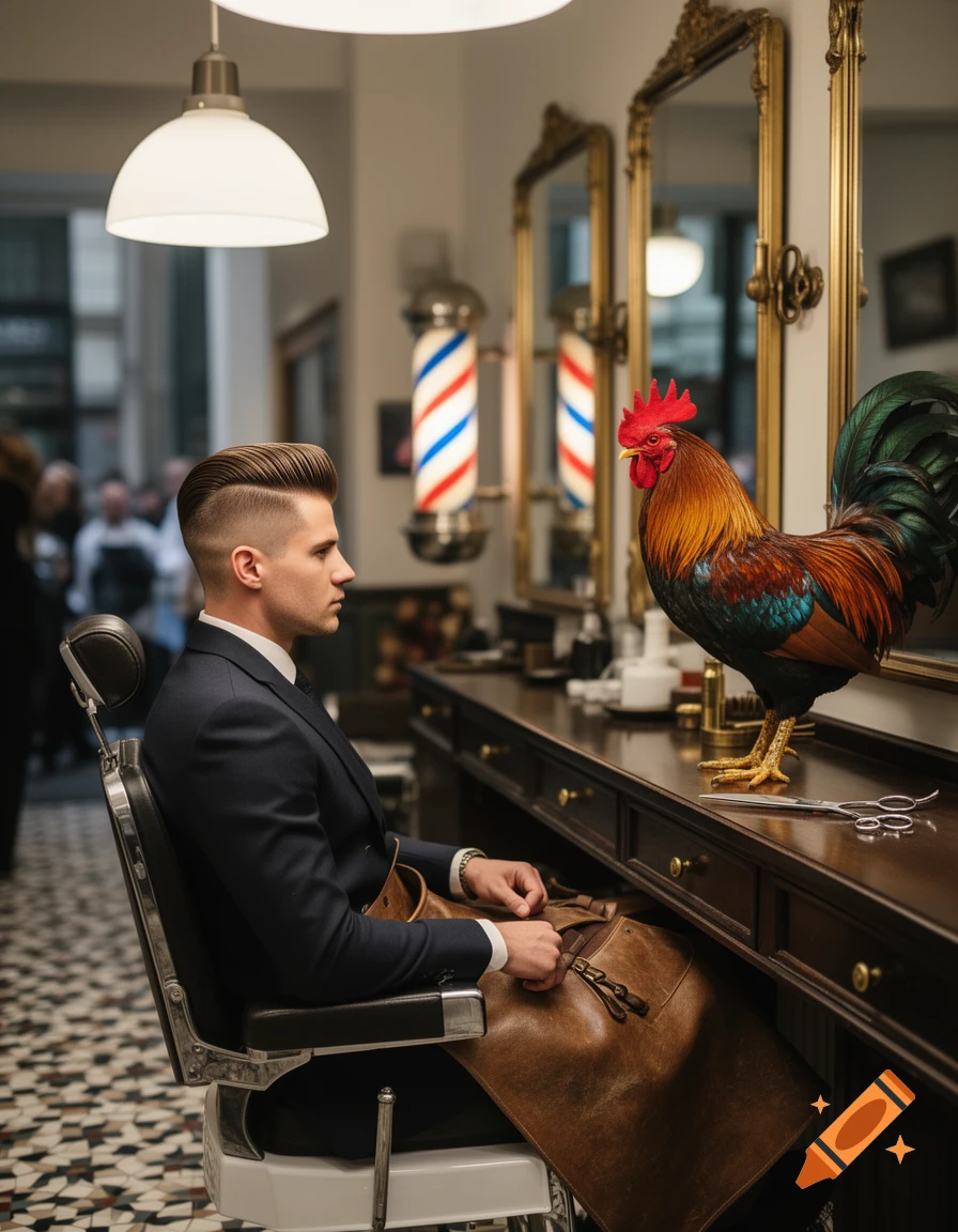 A well-groomed man sits in a vintage barbershop chair, looking towards a colorful rooster perched on the dark wooden counter.